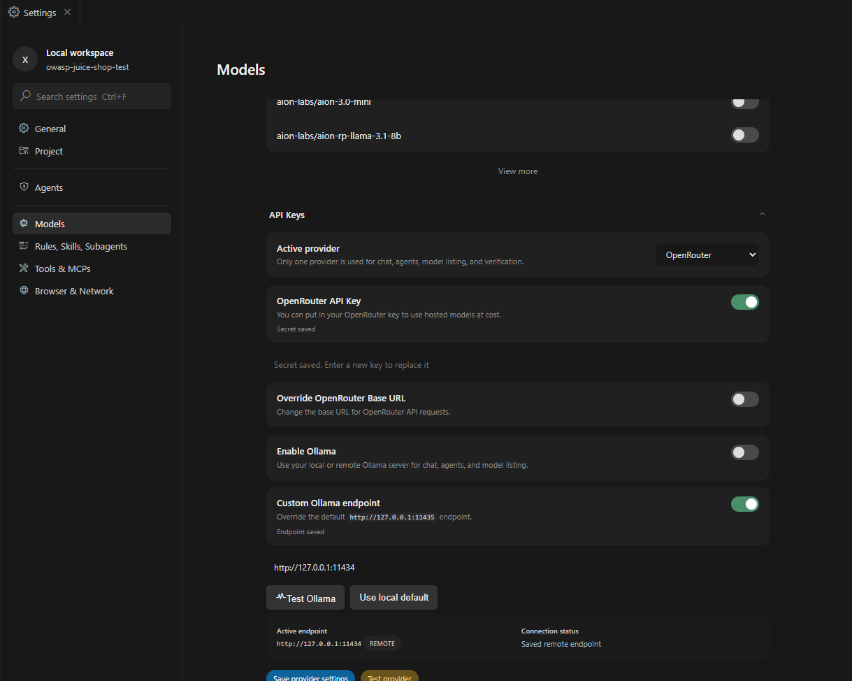 OpenRouter API key enabled in Xekute settings