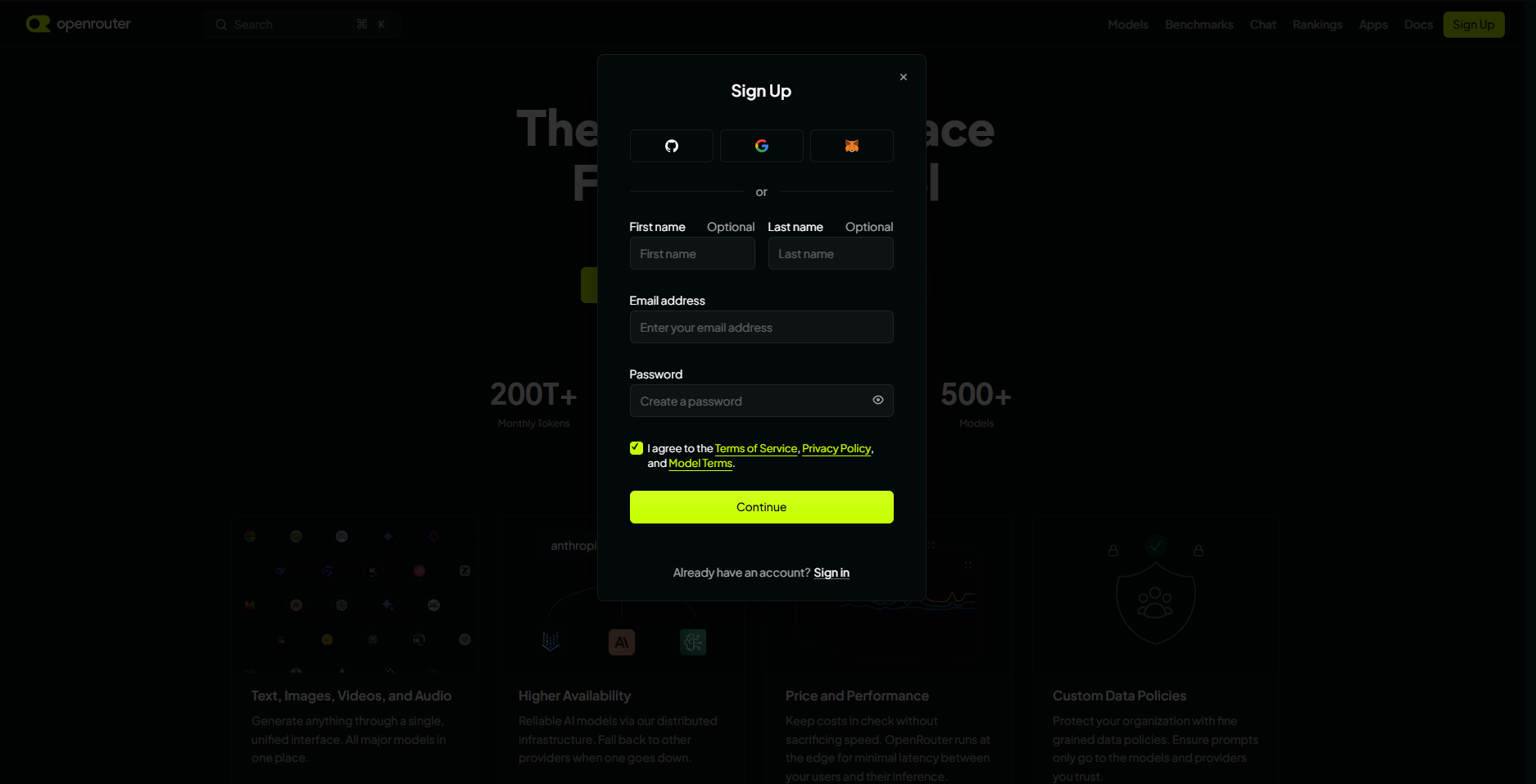 OpenRouter sign-up screen
