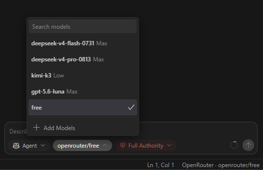 OpenRouter free router selected in Xekute